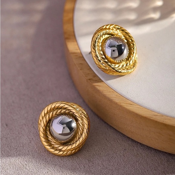 Two Tone Textured Circle Earrings*Round Earrings*Naomi Earrings - Picture 3 of 7